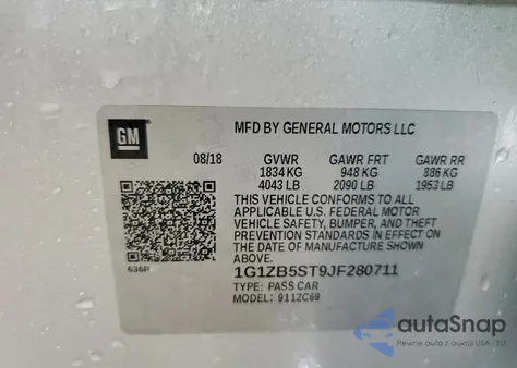 2018 Chevrolet Malibu Ls z USA, uszkodzony, nr VIN 1G1ZB5ST9JF280711